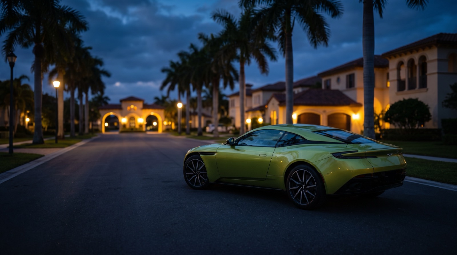 A luxury supercar on a palm-lined boulevard in an affluent coastal community