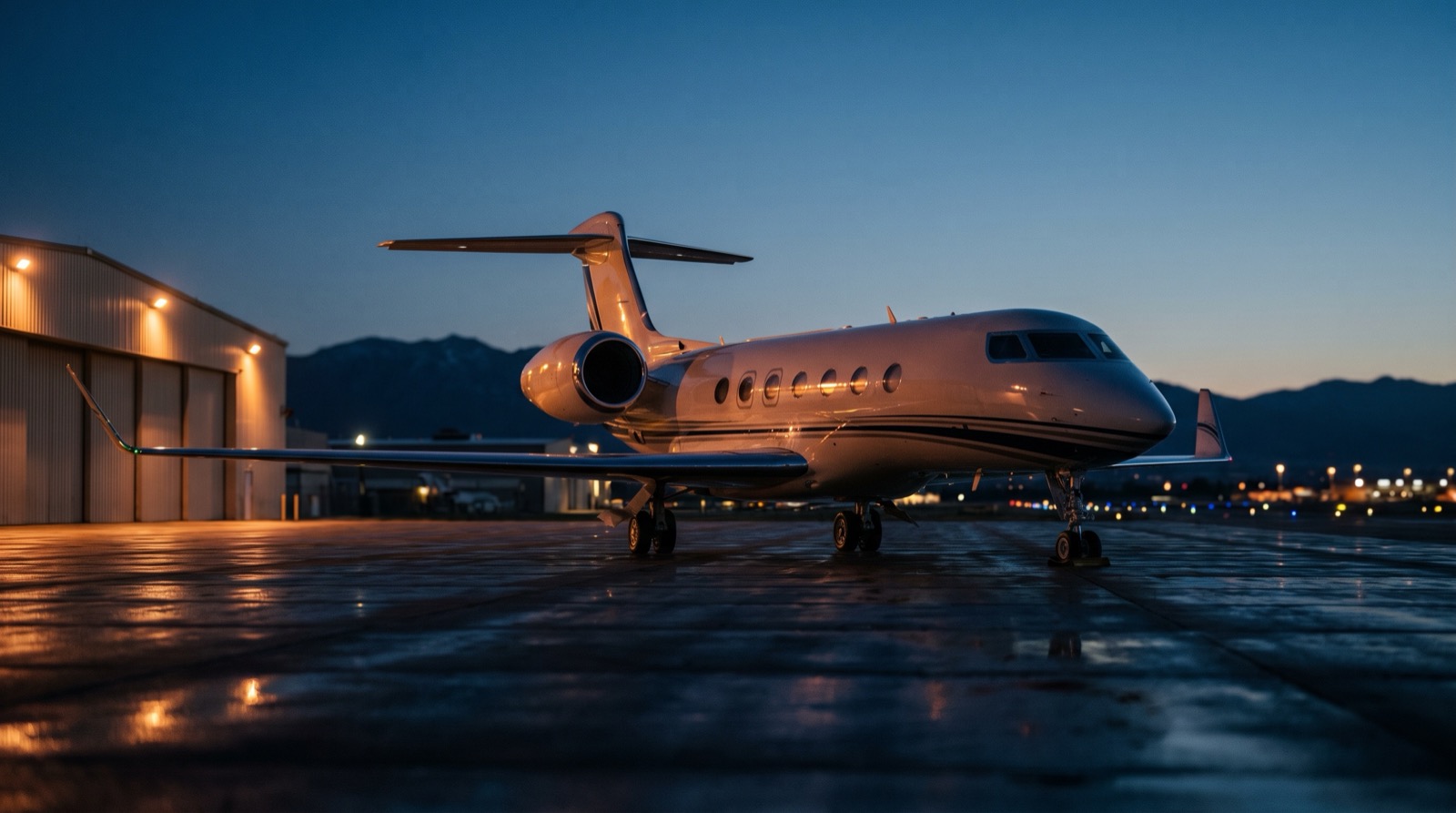 A private business jet on the tarmac at dusk