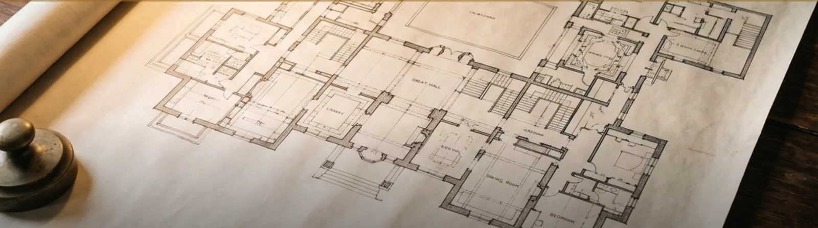 An architectural floor plan of a large house, unrolled on a desk