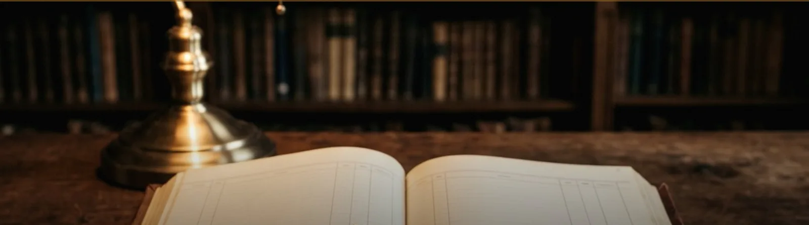 An open ledger and a fountain pen on a desk beneath a brass lamp