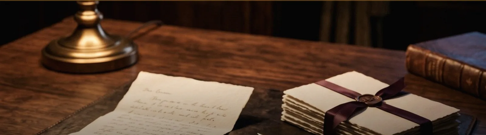 A handwritten letter and a bundle of correspondence tied with ribbon and a wax seal