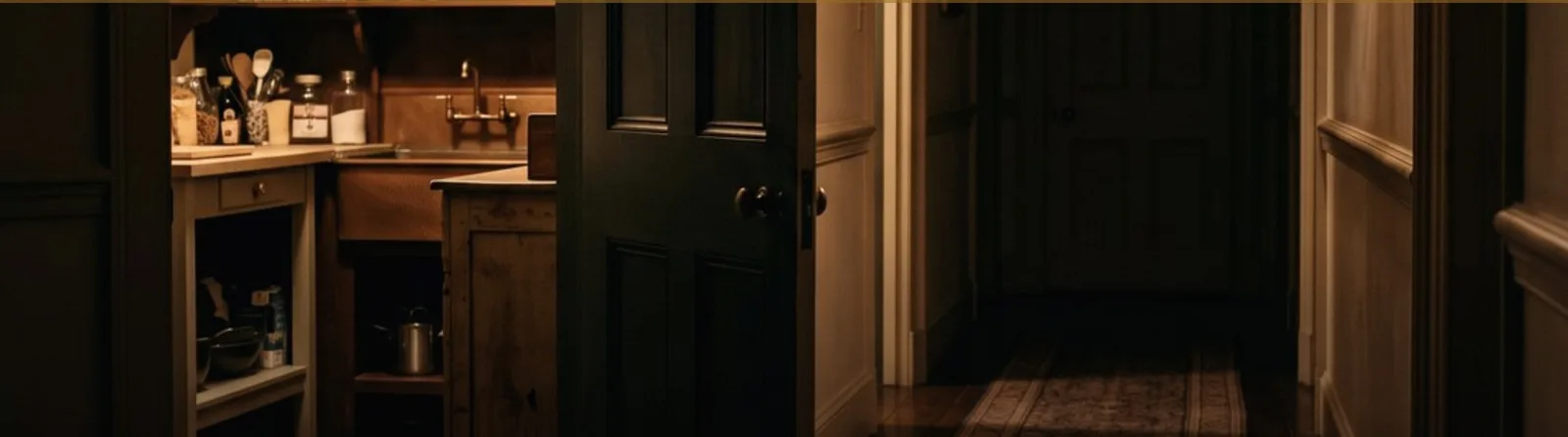 An open service door onto a darkened hallway of a large house