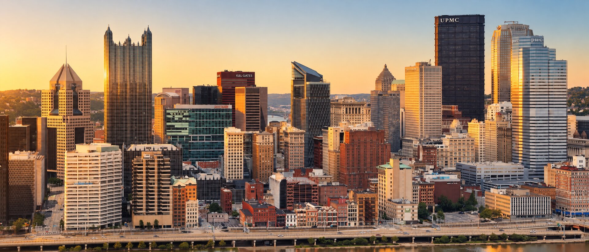 Downtown Pittsburgh skyline at golden hour