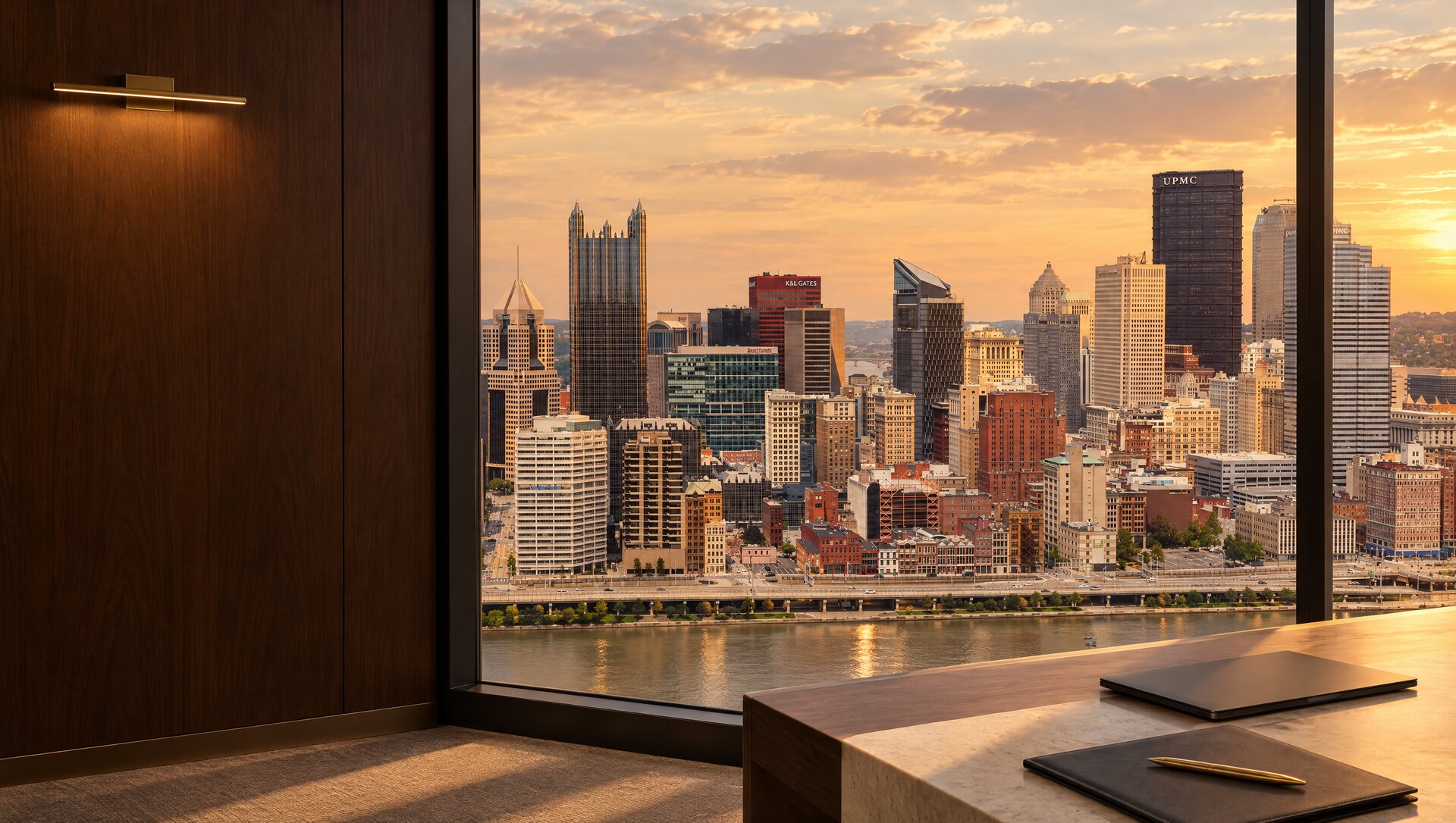Downtown Pittsburgh skyline at golden hour, seen through an office window