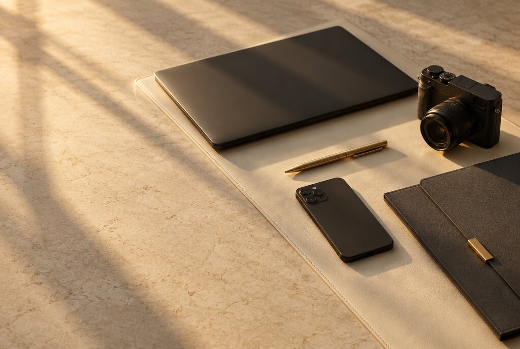 Laptop, camera, phone and a document folder on a stone desk in low evening sun