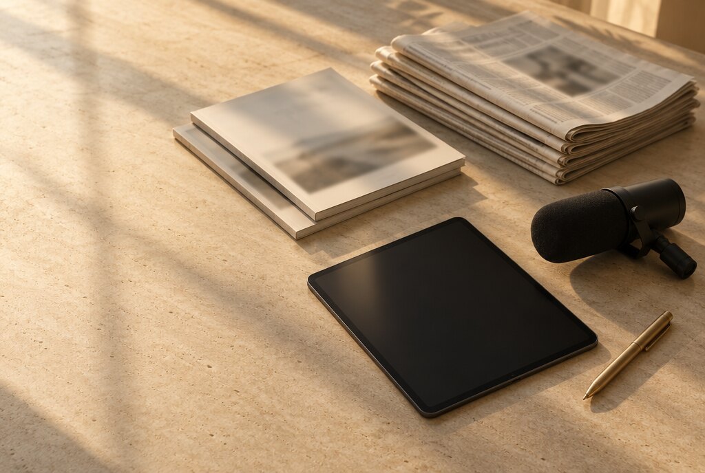 Newspapers, magazines, a tablet and a broadcast microphone on a stone surface
