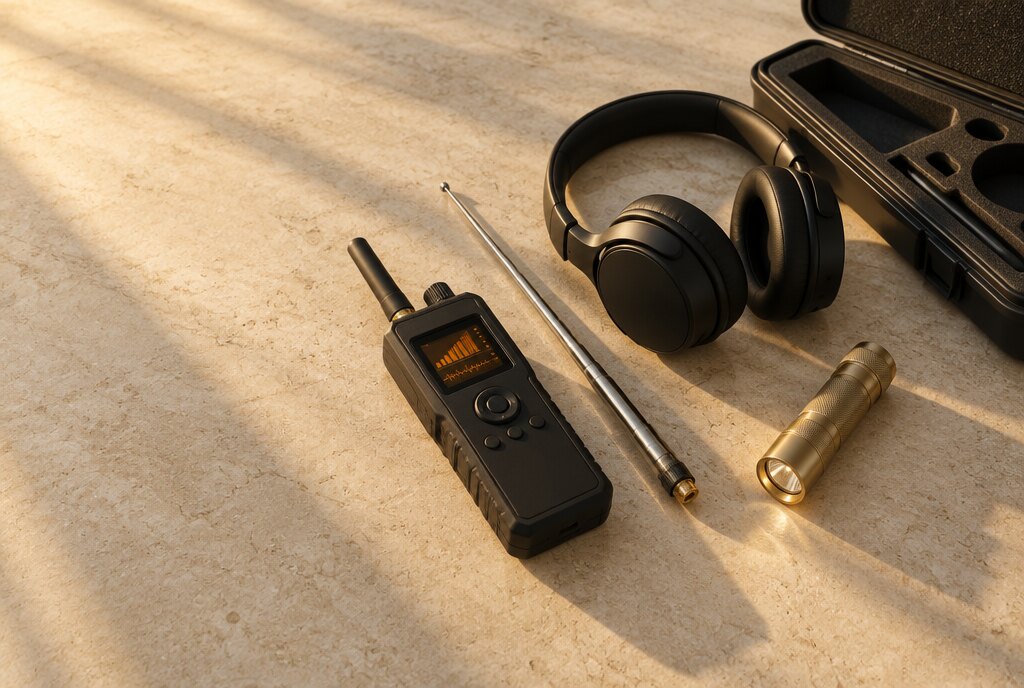 Handheld signal detector, antenna, headphones and an open equipment case on a stone surface