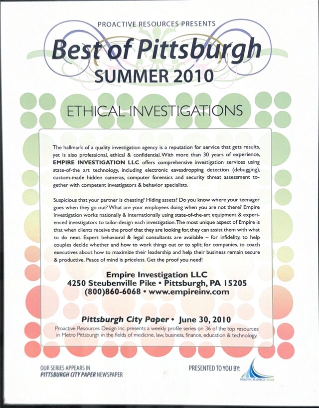 Pittsburgh City Paper Best of Pittsburgh Summer 2010 certificate naming Empire Investigation for Ethical Investigations
