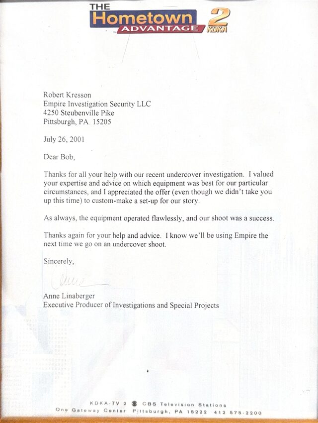 KDKA-TV 2 letter from executive producer Anne Linaberger, July 26, 2001: the equipment operated flawlessly and our shoot was a success