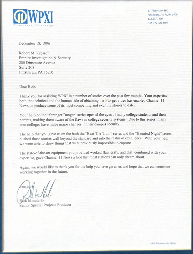 WPXI letter to Robert Kresson, December 18, 1996, crediting Empire's equipment and expertise on the Beat the Train series